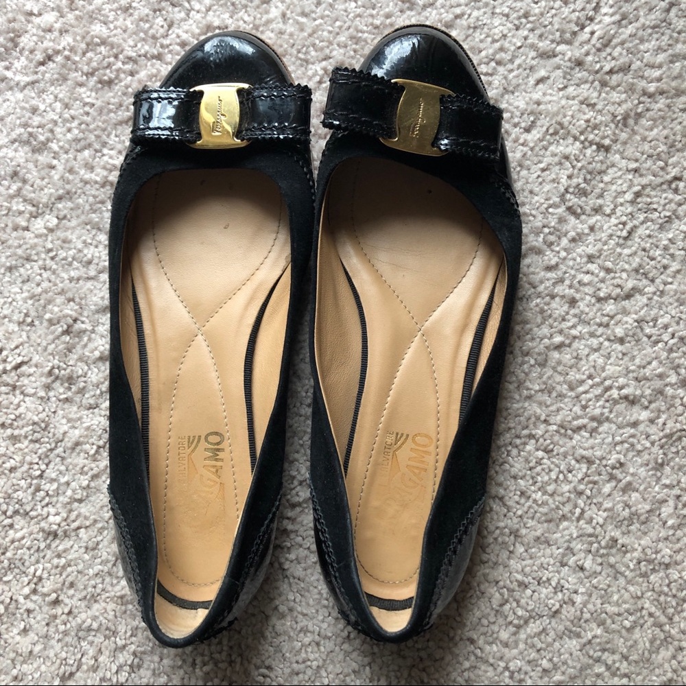 Ferragamo Rolina Black Patent Suede Bow Flats